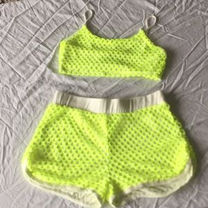 Two piece neon yellow netted outfit